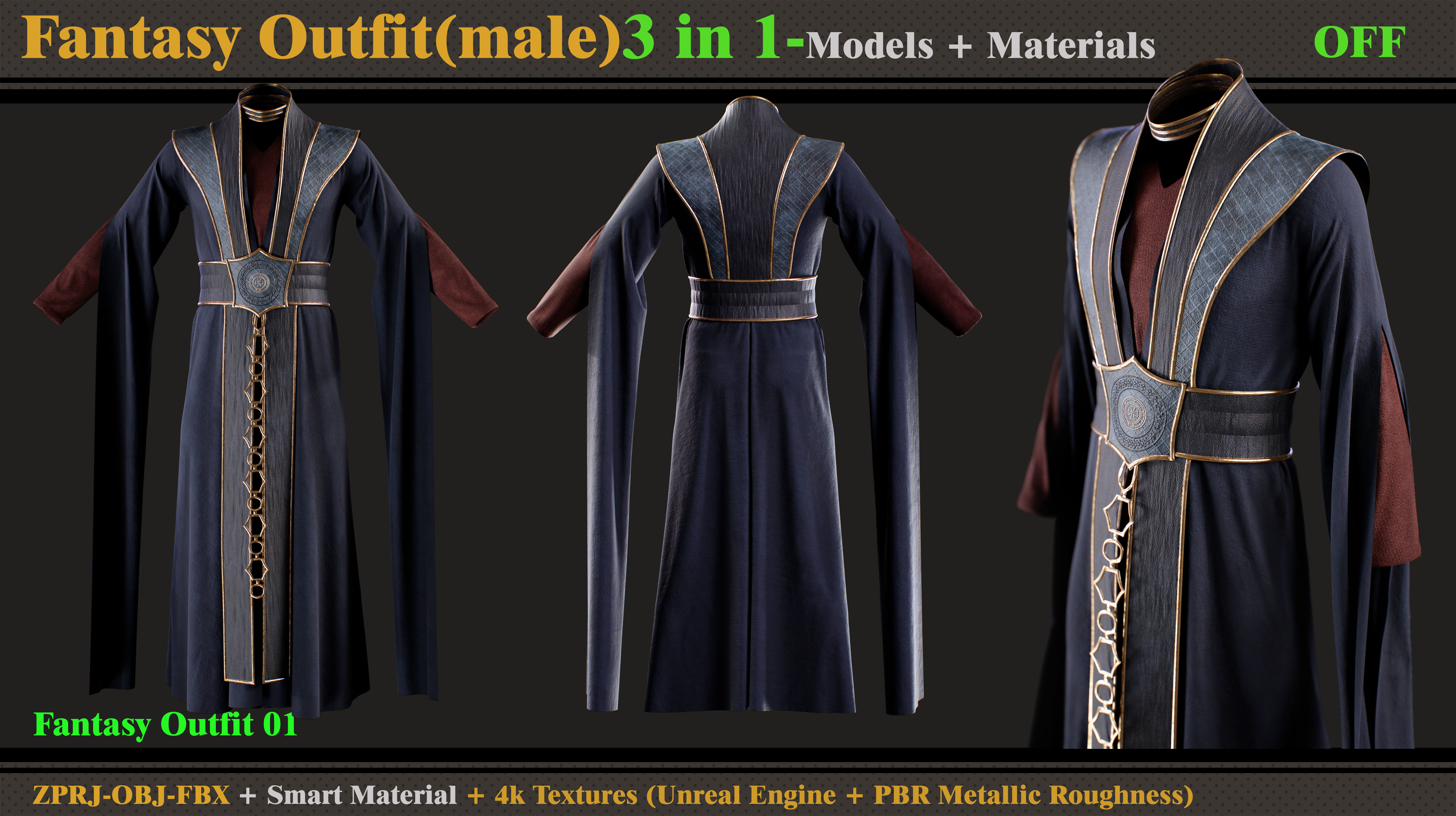 3 in 1 Fantasy Outfit-MD-Clo3d-OBJ-FBX- Smart Material- Textures 3D model_1