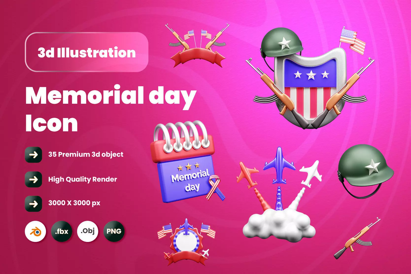 Memorial Day 3d Illustration  Icon Pack  3D model_0