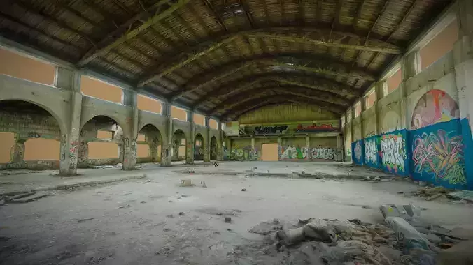 The hall of an abandoned factory with a wooden truss and pillars 3D model