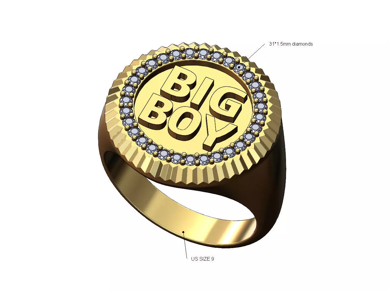 Big boy chunky fluted diamond signet ring US size 9 3D print model