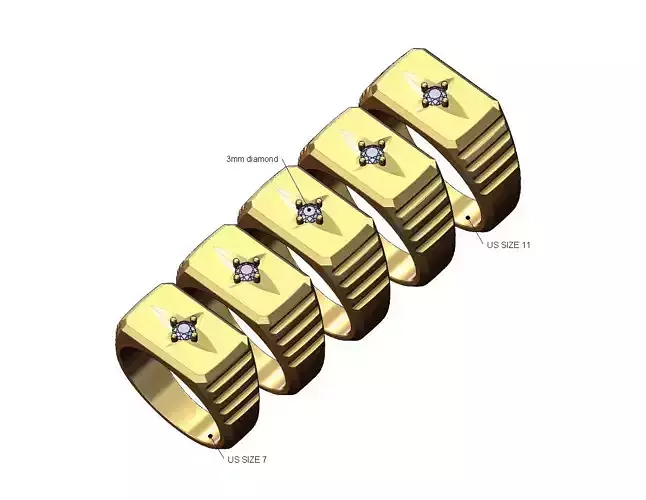 Ribbed star set 3mm diamond signet ring US sizes 7to11