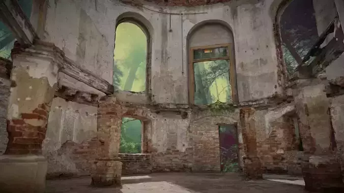 Old ruined oval room in baroque palace 3D model