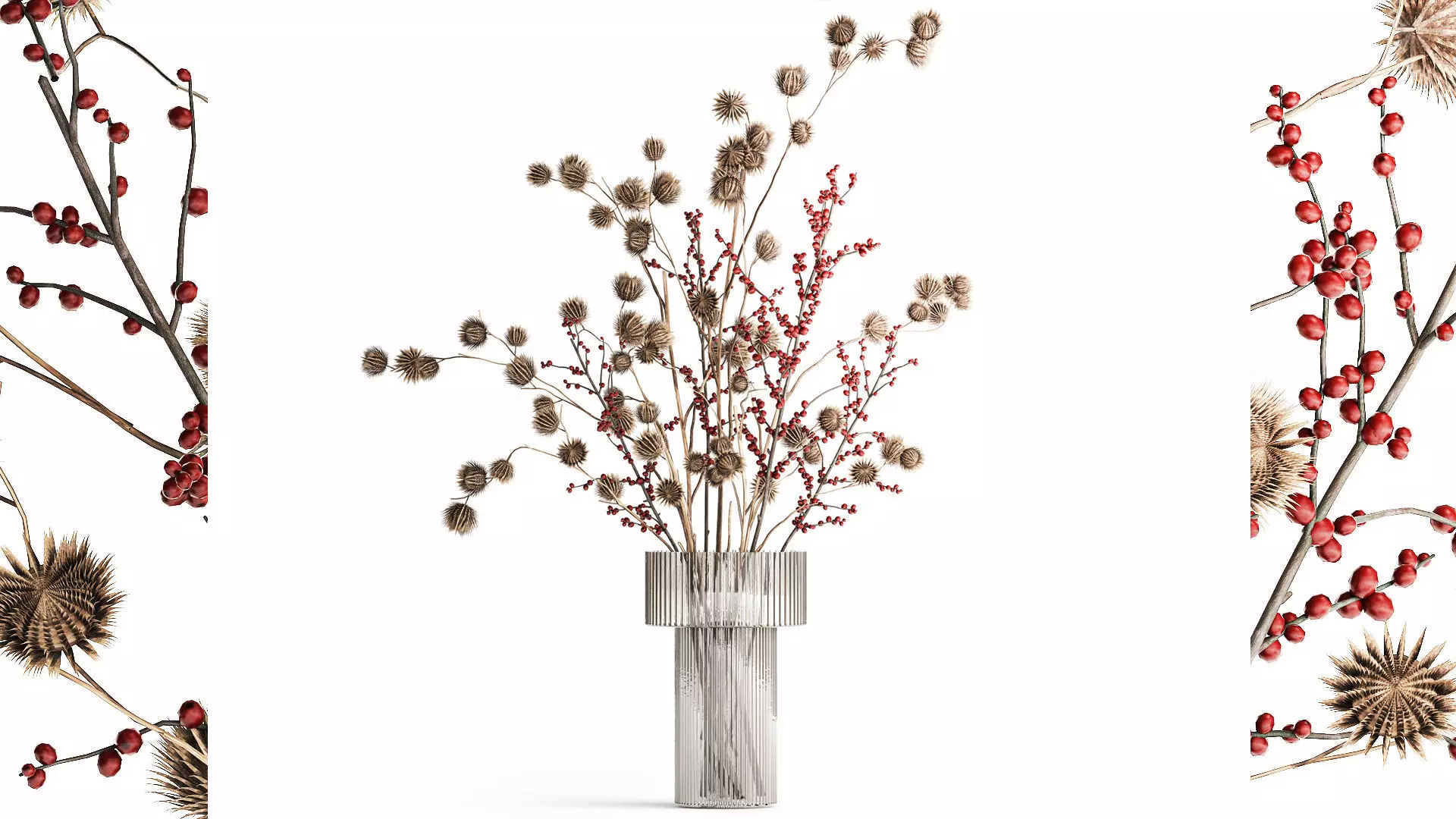 Bouquet of dried flowers with Thistle Ilex branches in a vase  3D model_0