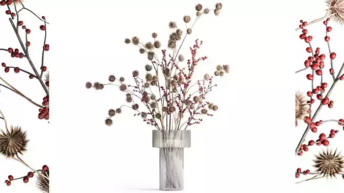 Bouquet of dried flowers with Thistle Ilex branches in a vase  3D model