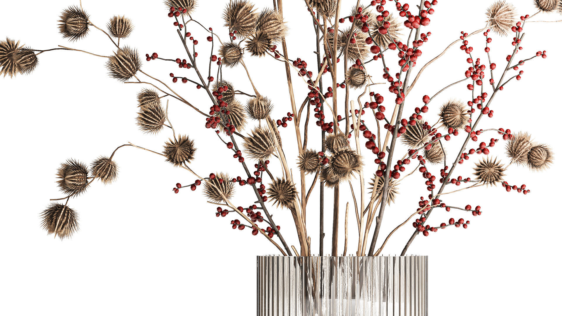Bouquet of dried flowers with Thistle Ilex branches in a vase  3D model_3
