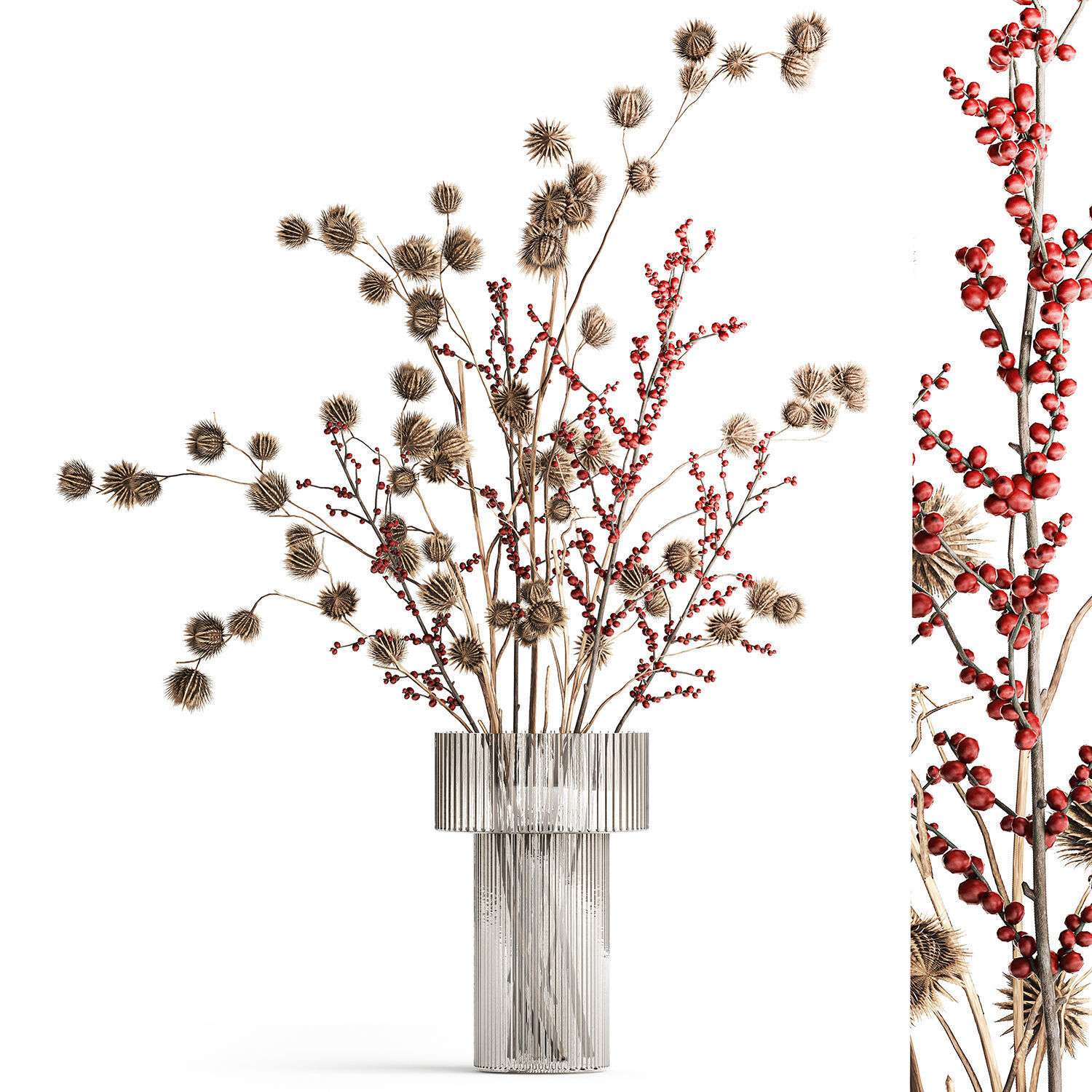 Bouquet of dried flowers with Thistle Ilex branches in a vase  3D model_6