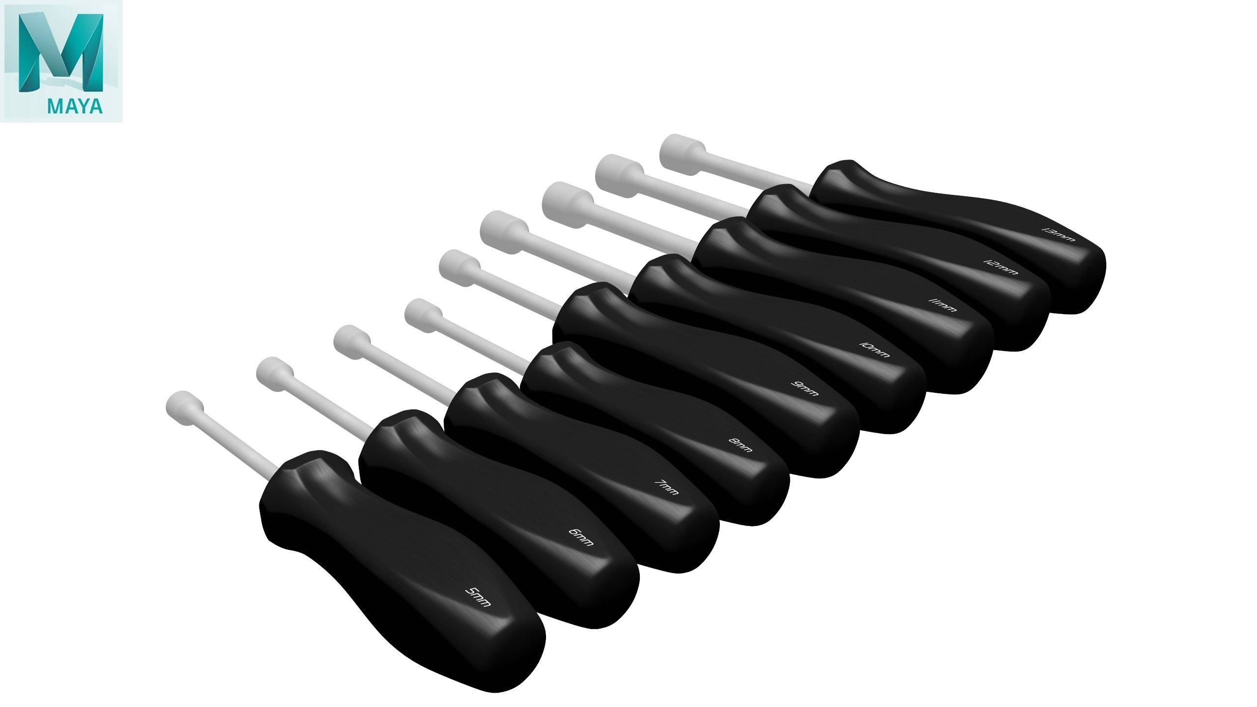 9pc Metric Hard Grip Nut Driver Set 5 13mm Low-poly 3D model_28