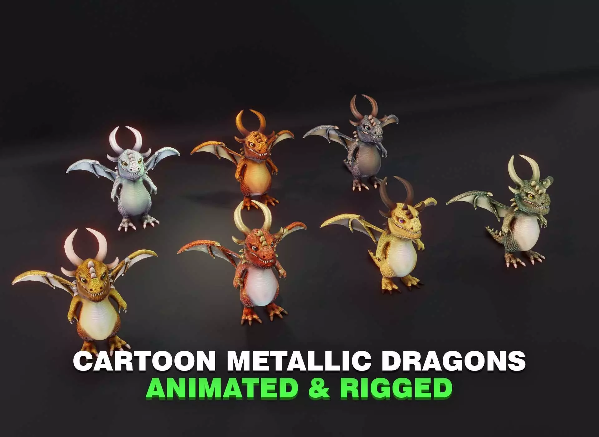 Cartoon Metallic Dragons Animated 3D Model Low-poly 3D model_0