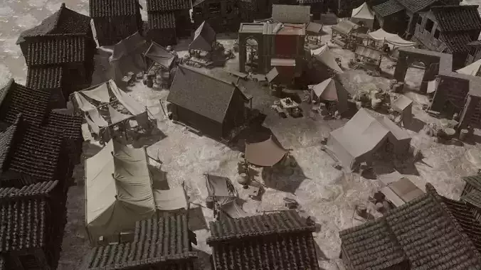 Highly detailed busy medieval town square with market stalls