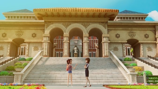 Cartoon School Exterior Scene 3D model 4
