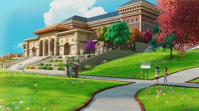 Cartoon School Exterior Scene 3D model 7