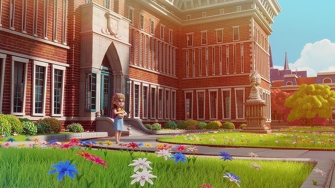 Cartoon School Exterior Scene 3D model 6