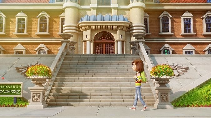 Cartoon School Exterior Scene 3D model 3