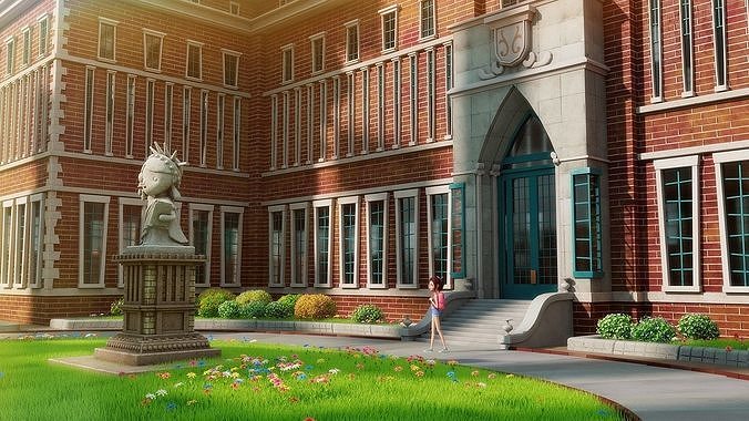 Cartoon School Exterior Scene 3D model 2