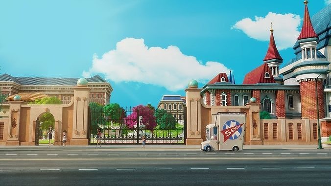 Cartoon School Exterior Scene 3D model 5