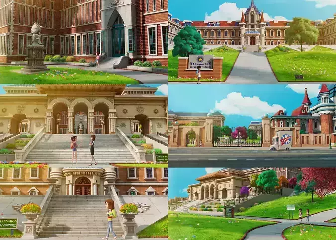 Cartoon School Exterior Scene 3D model