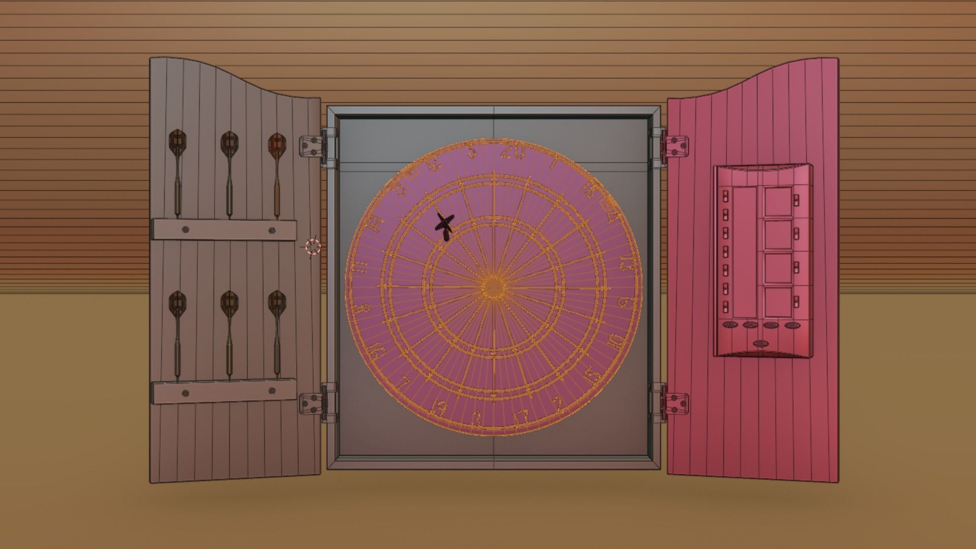 Dartboard and Cabinet with Scoreboard and Darts 3D model_8