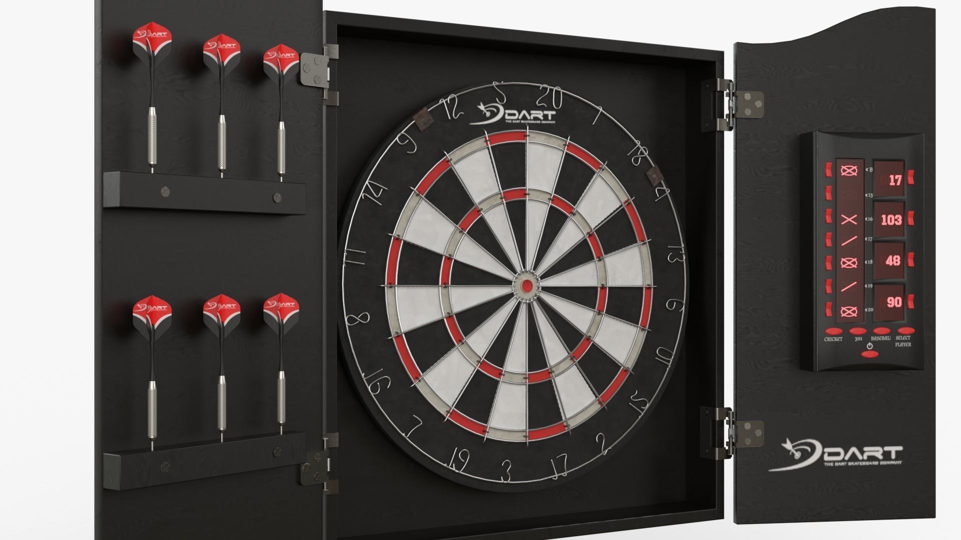 Dartboard and Cabinet with Scoreboard and Darts 3D model_1