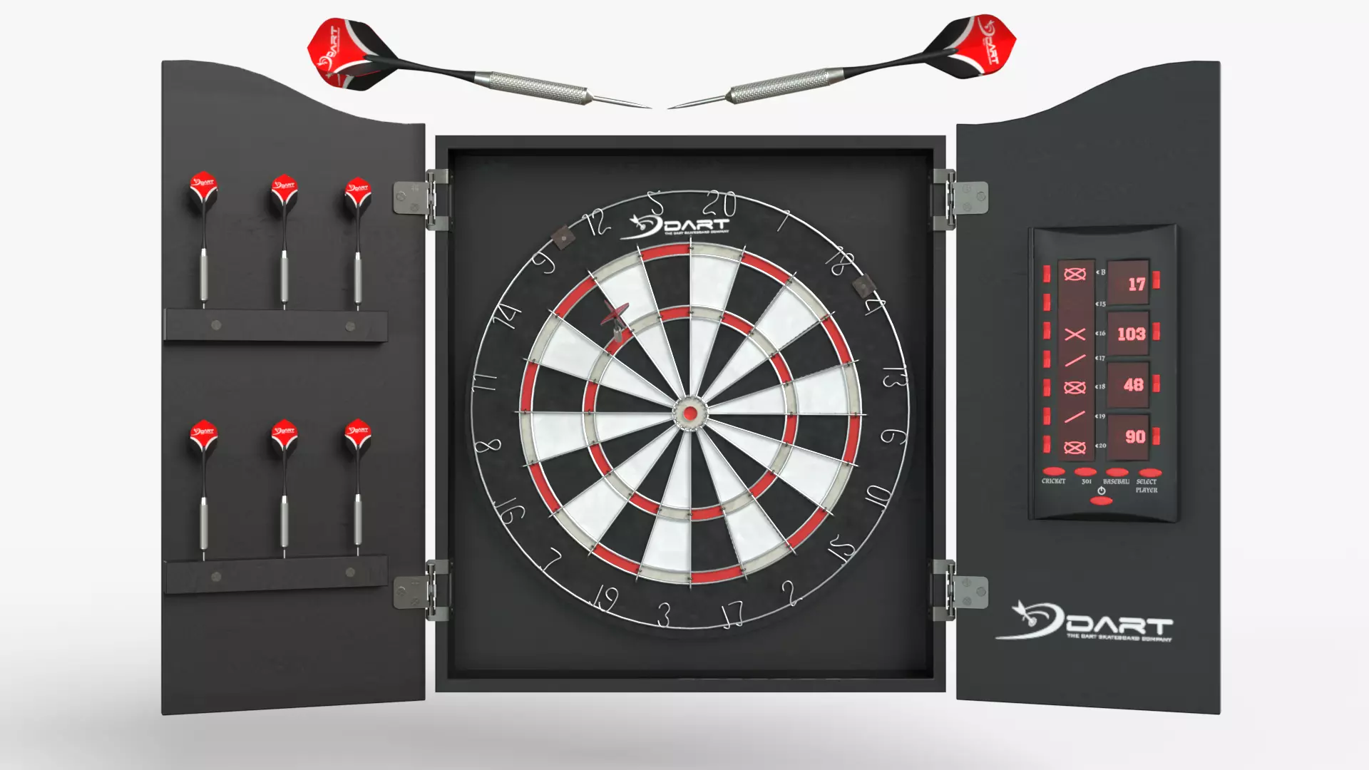 Dartboard and Cabinet with Scoreboard and Darts 3D model_0