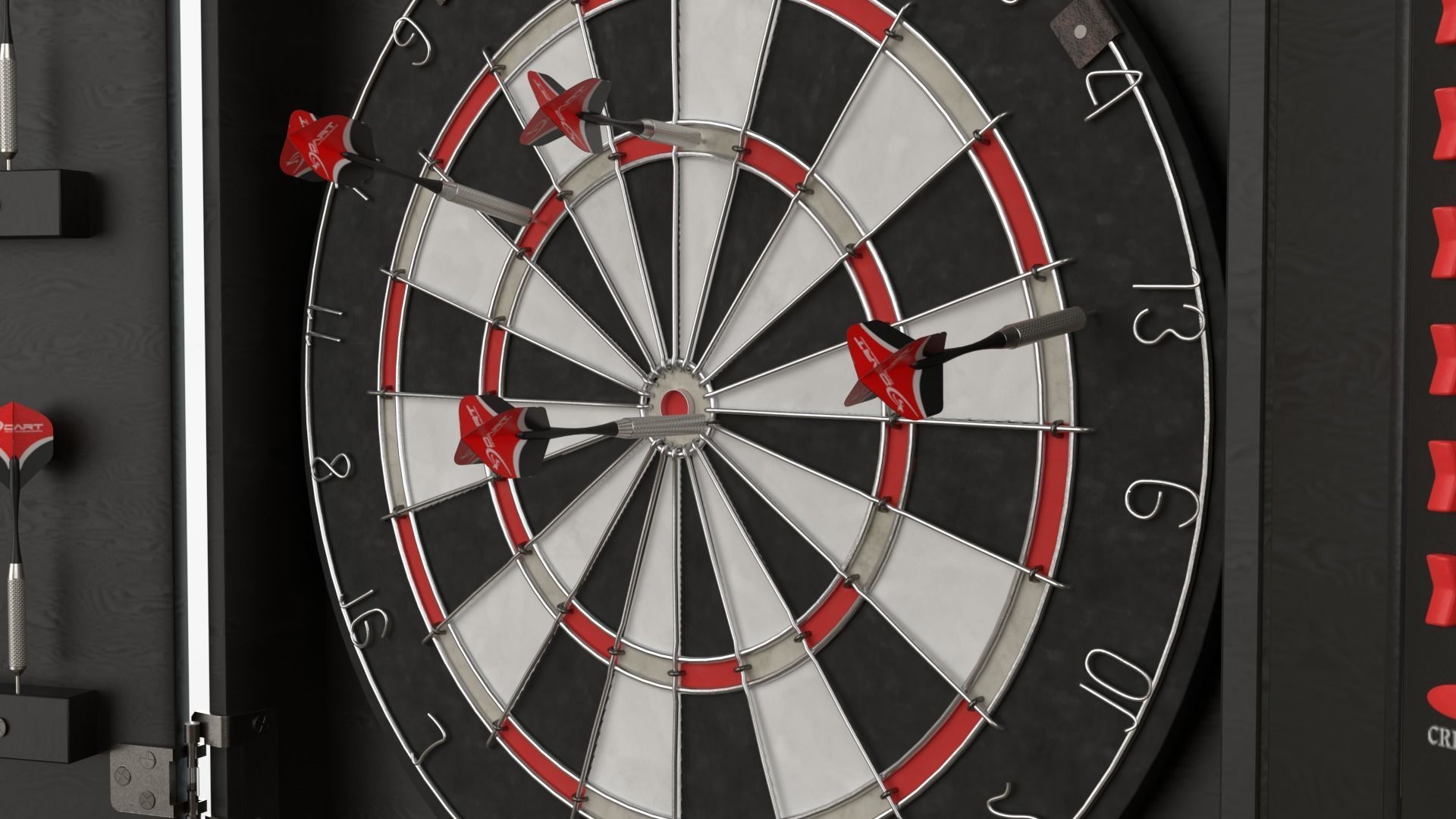 Dartboard and Cabinet with Scoreboard and Darts 3D model_2