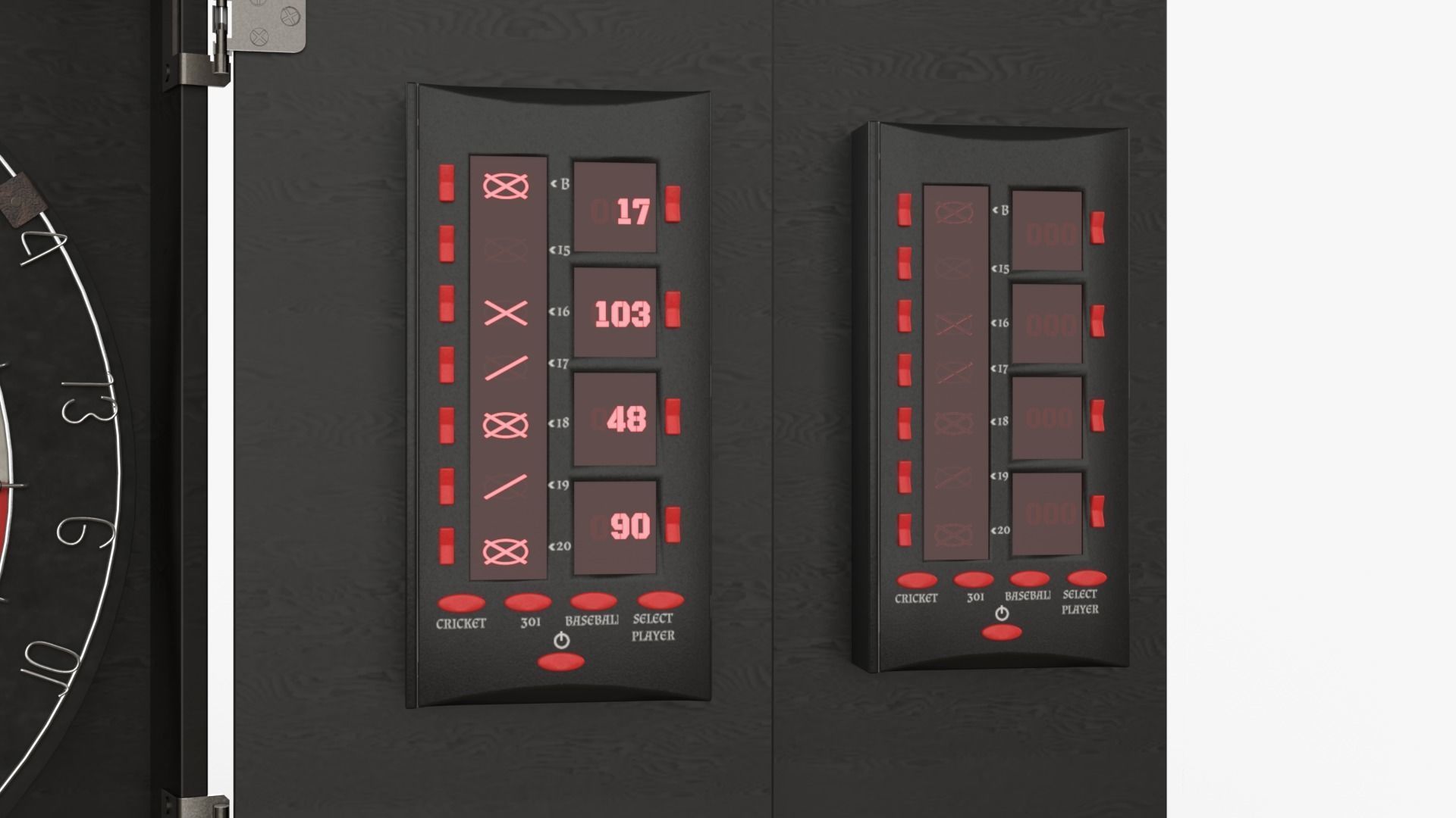 Dartboard and Cabinet with Scoreboard and Darts 3D model_7