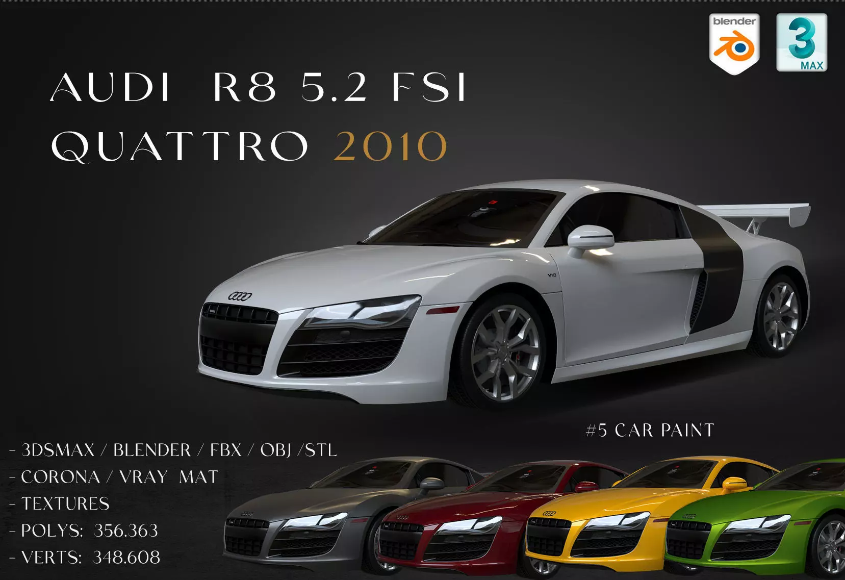 2010 Audi R8  FSI quattro Low-poly 3D model_0