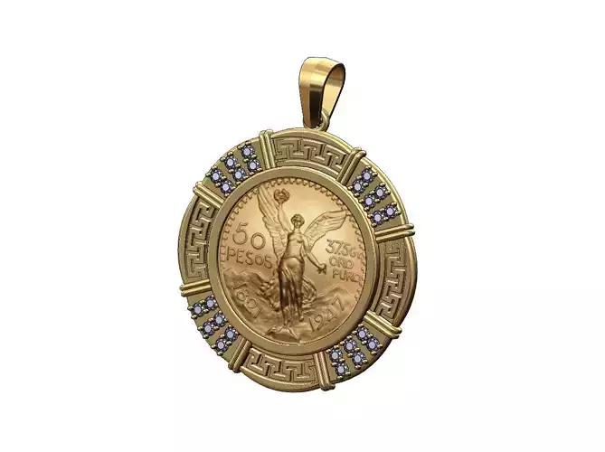 Diamond 50 pesos coin pendant frame with greek key pattern 3D print model