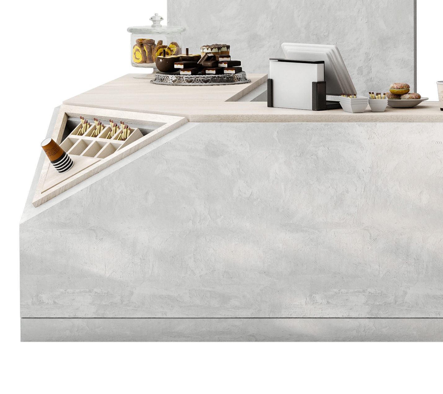 Design of a coffee shop in a shopping center with concrete 3D model_3