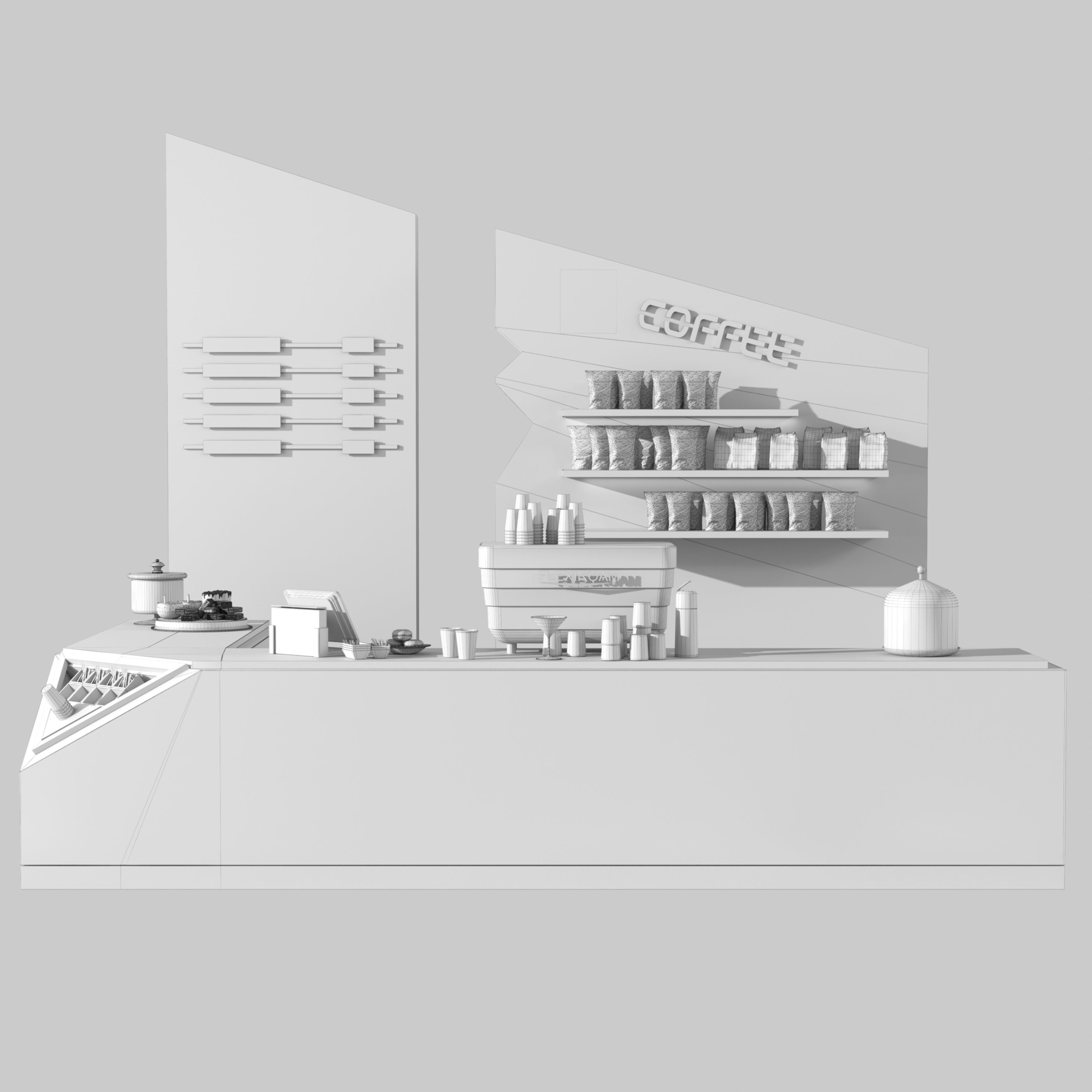 Design of a coffee shop in a shopping center with concrete 3D model_1