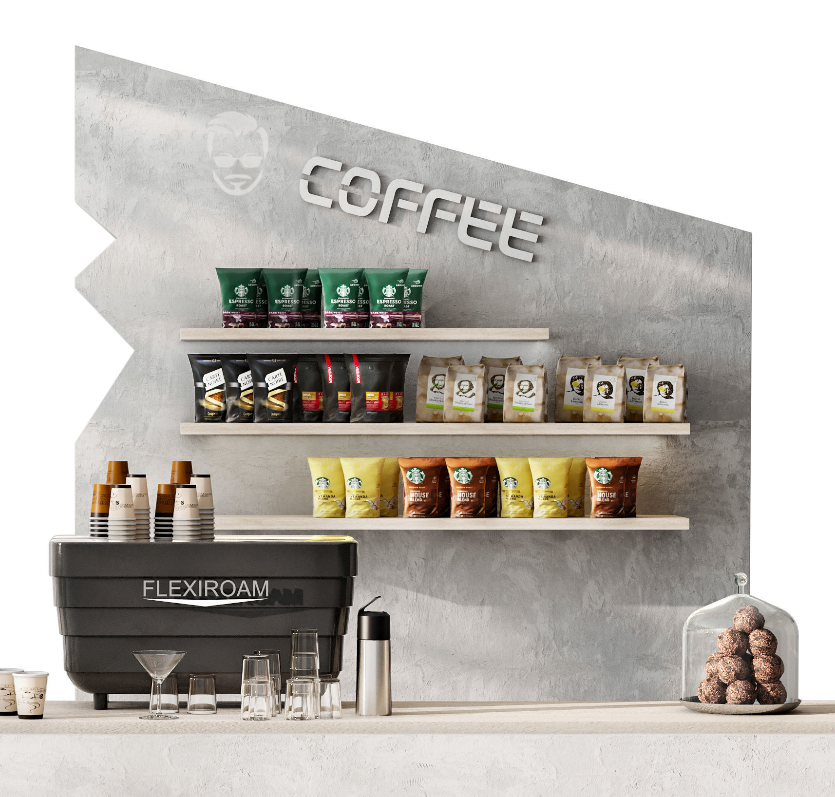 Design of a coffee shop in a shopping center with concrete 3D model_2