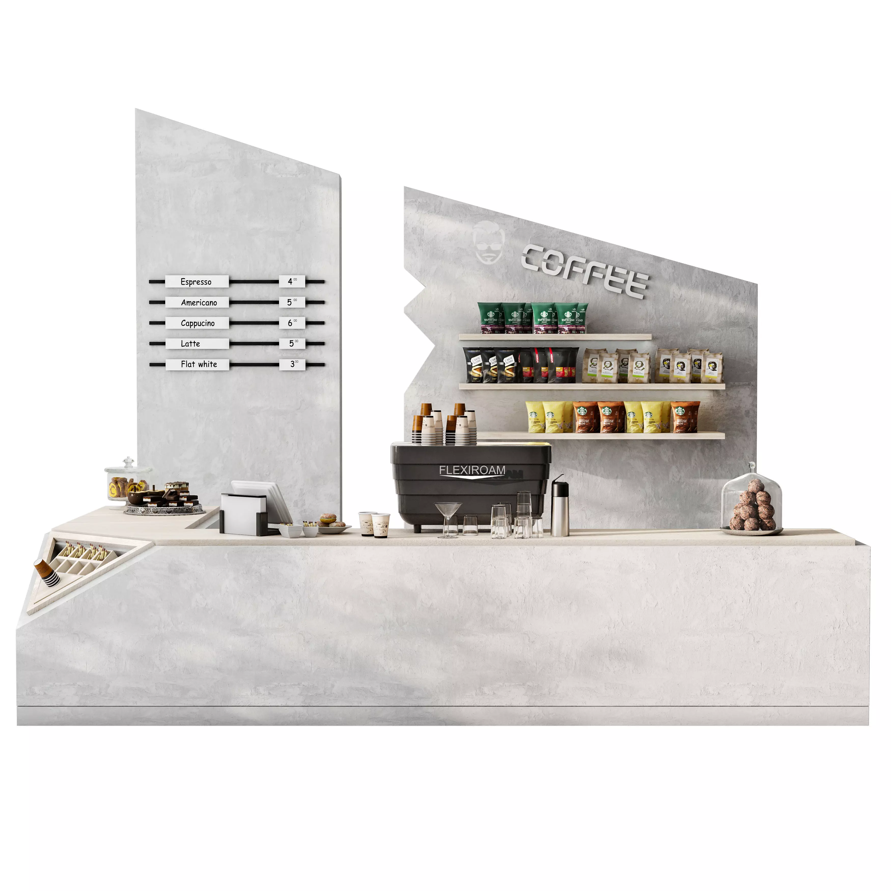 Design of a coffee shop in a shopping center with concrete 3D model_0