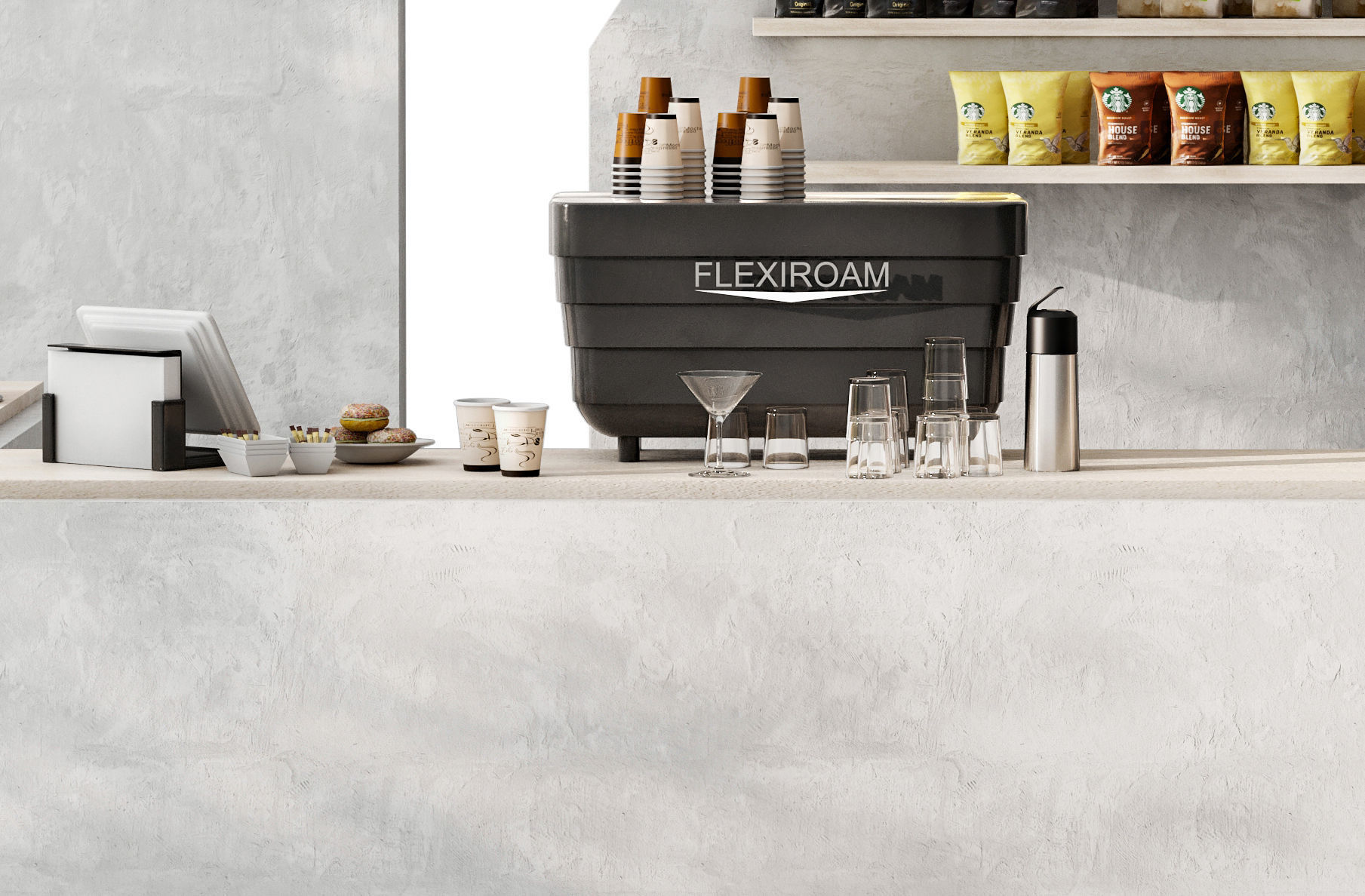 Design of a coffee shop in a shopping center with concrete 3D model_4