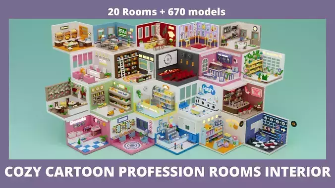Cozy Cartoon Profession Rooms Interior Low-poly 3D model