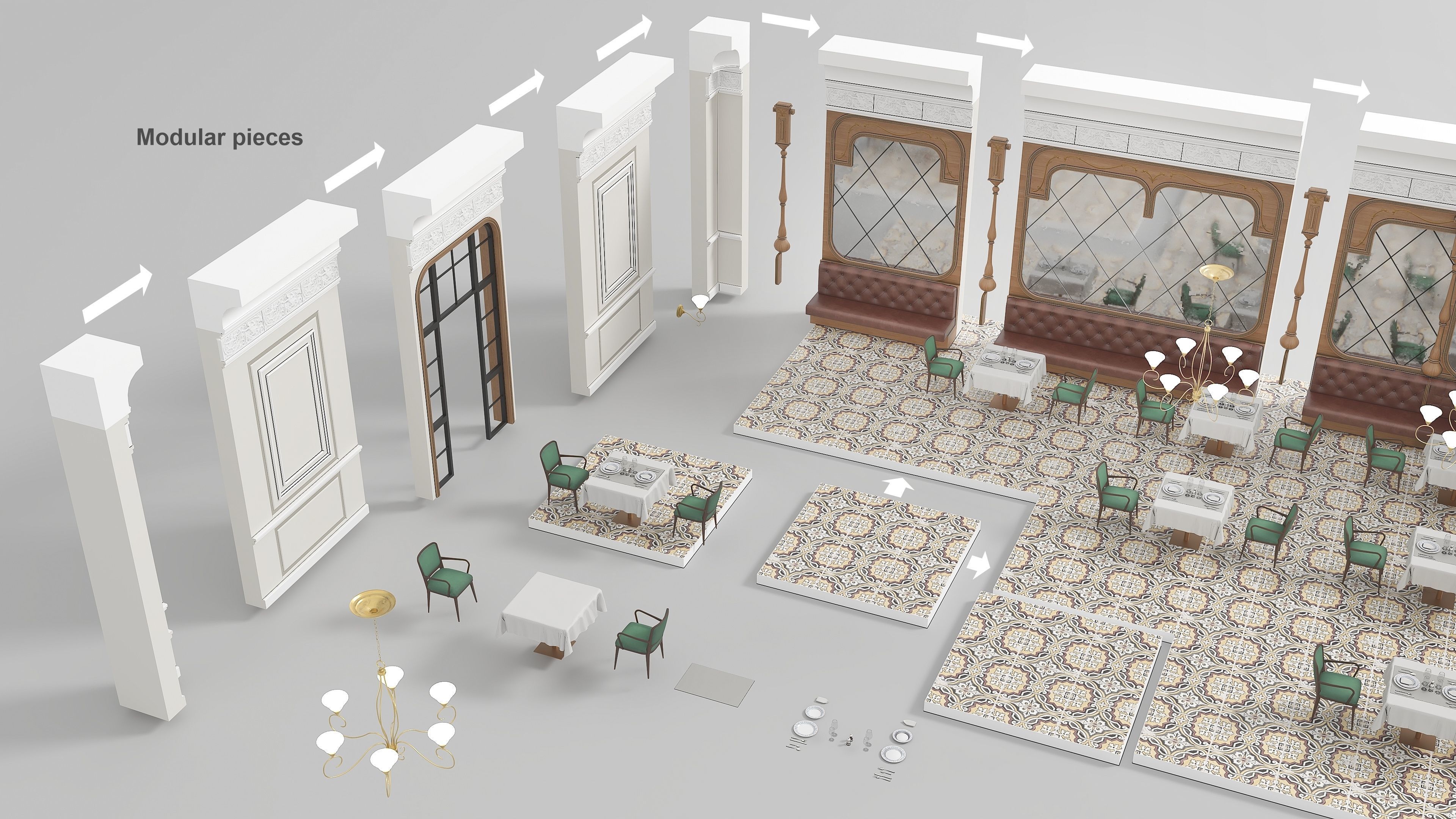 Modular Low poly restaurant Low-poly 3D model_2