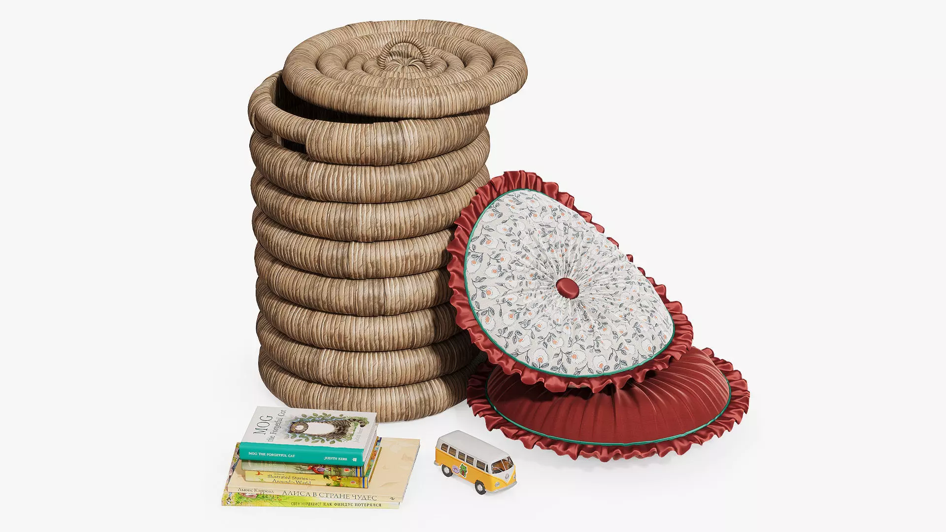 Decorative set with a wicker basket and round pillows 3D model