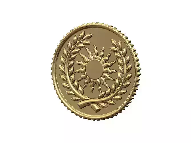 Sun and bay leaves branches crown coin