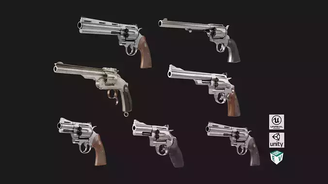 7 Silver Revolvers Collection All PBR Unity UE Textures 