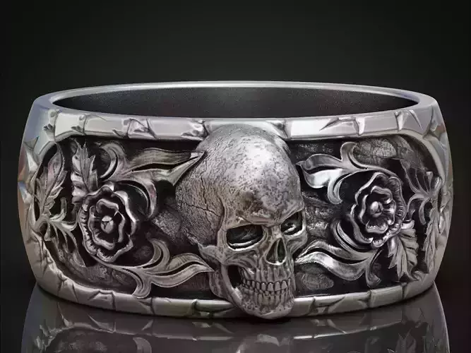 Skull flowers band ring