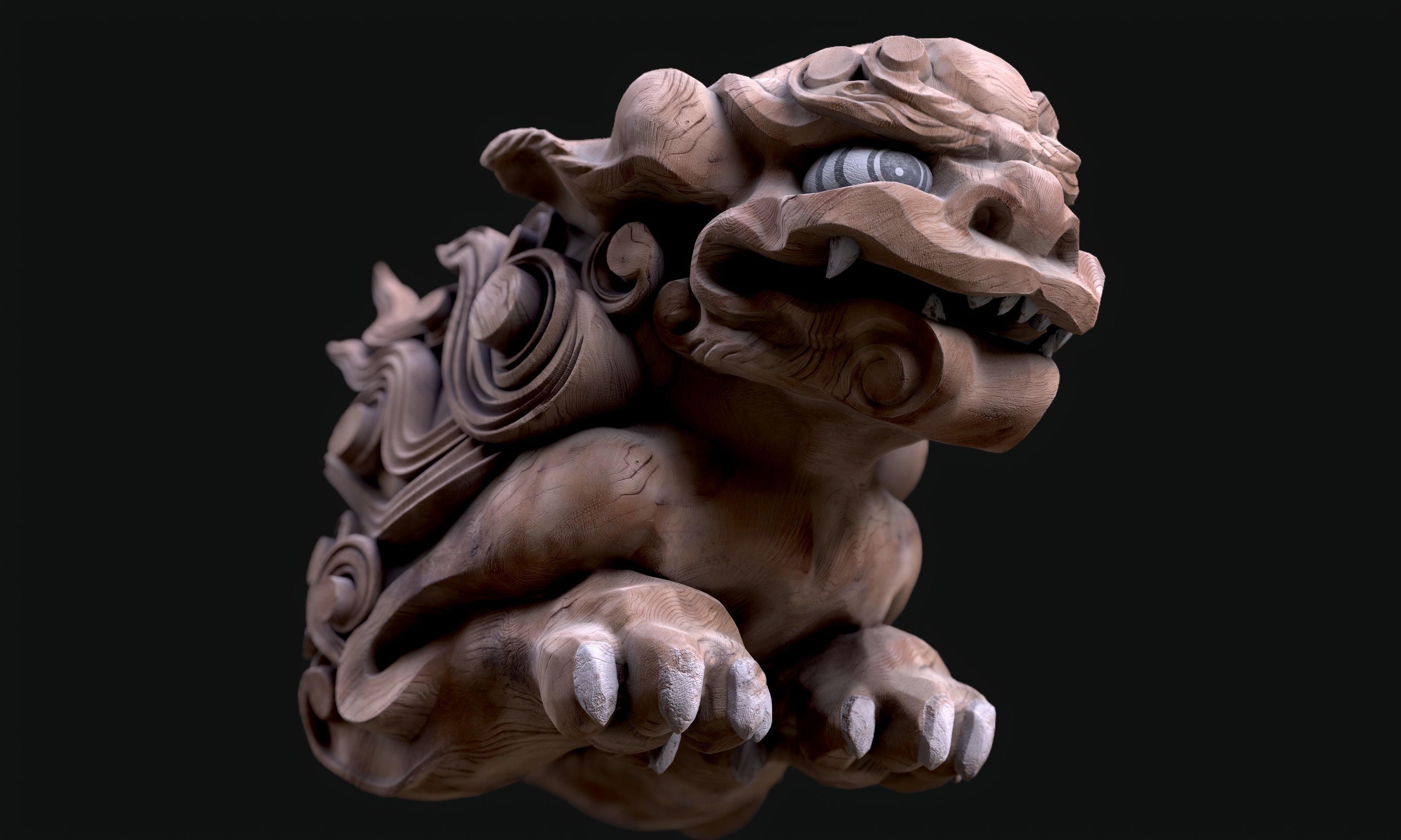 8K Wooden Komainu lion-dogs for decorations of Shinto Shrine Low-poly 3D model_18