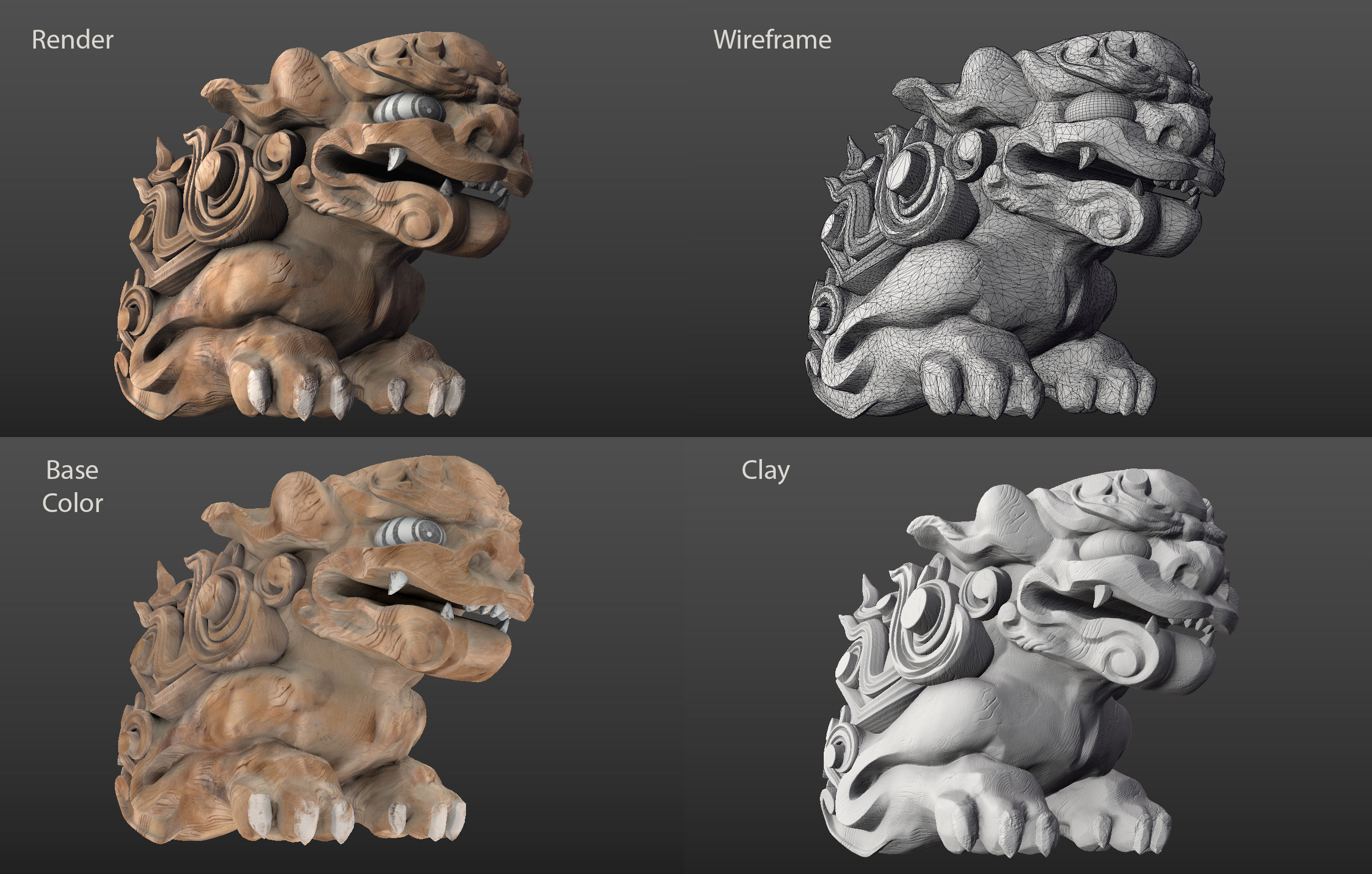 8K Wooden Komainu lion-dogs for decorations of Shinto Shrine Low-poly 3D model_6