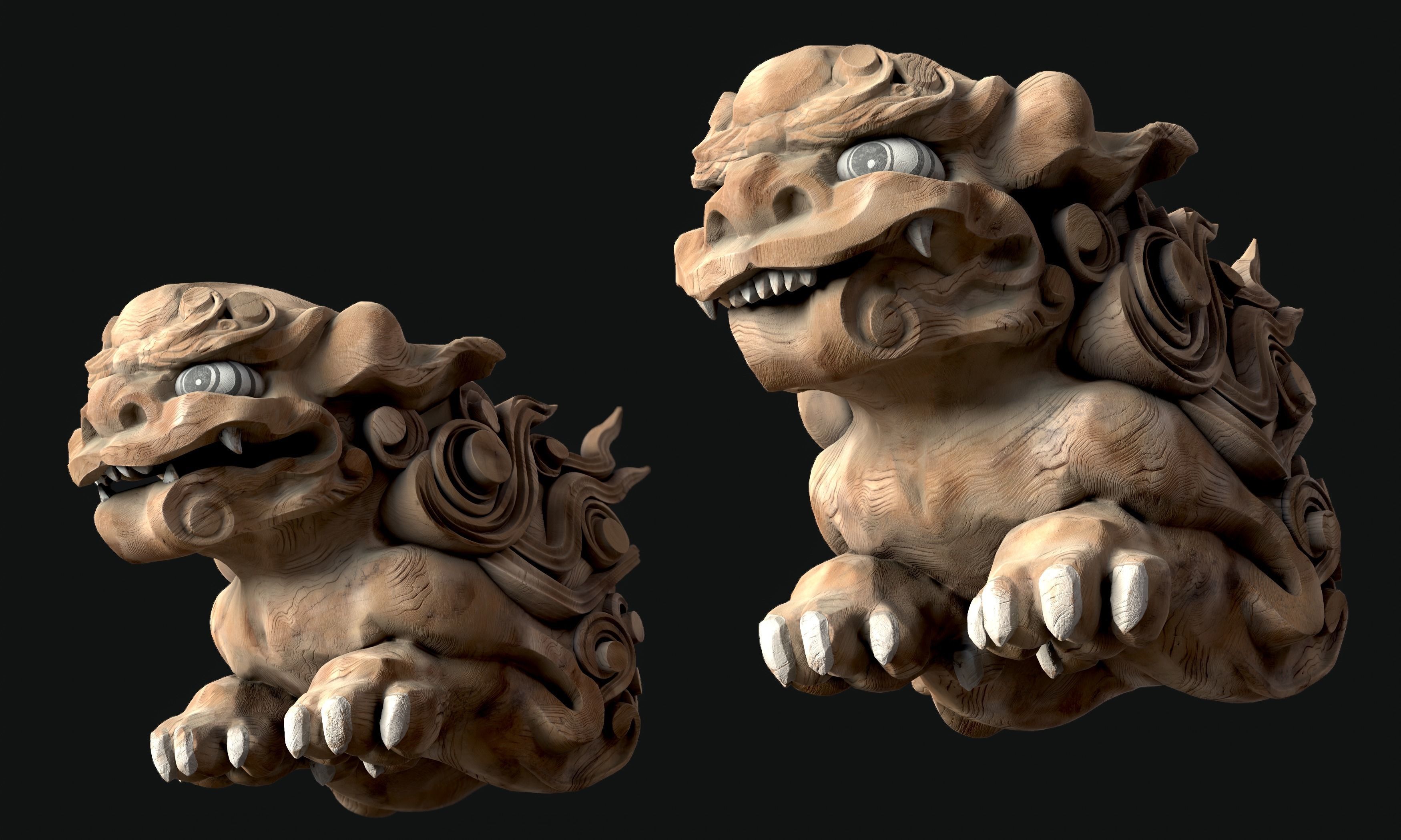8K Wooden Komainu lion-dogs for decorations of Shinto Shrine Low-poly 3D model_15
