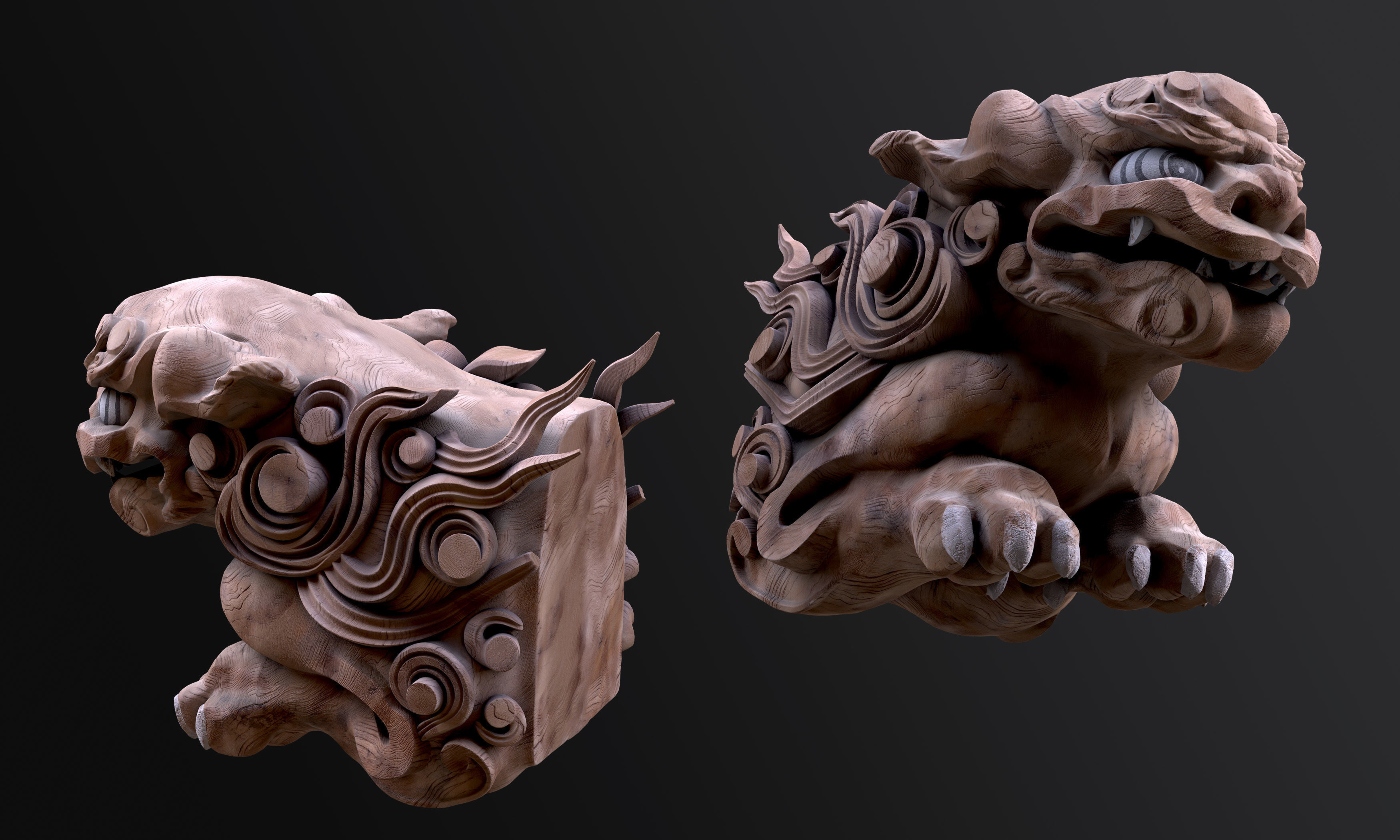 8K Wooden Komainu lion-dogs for decorations of Shinto Shrine Low-poly 3D model_10