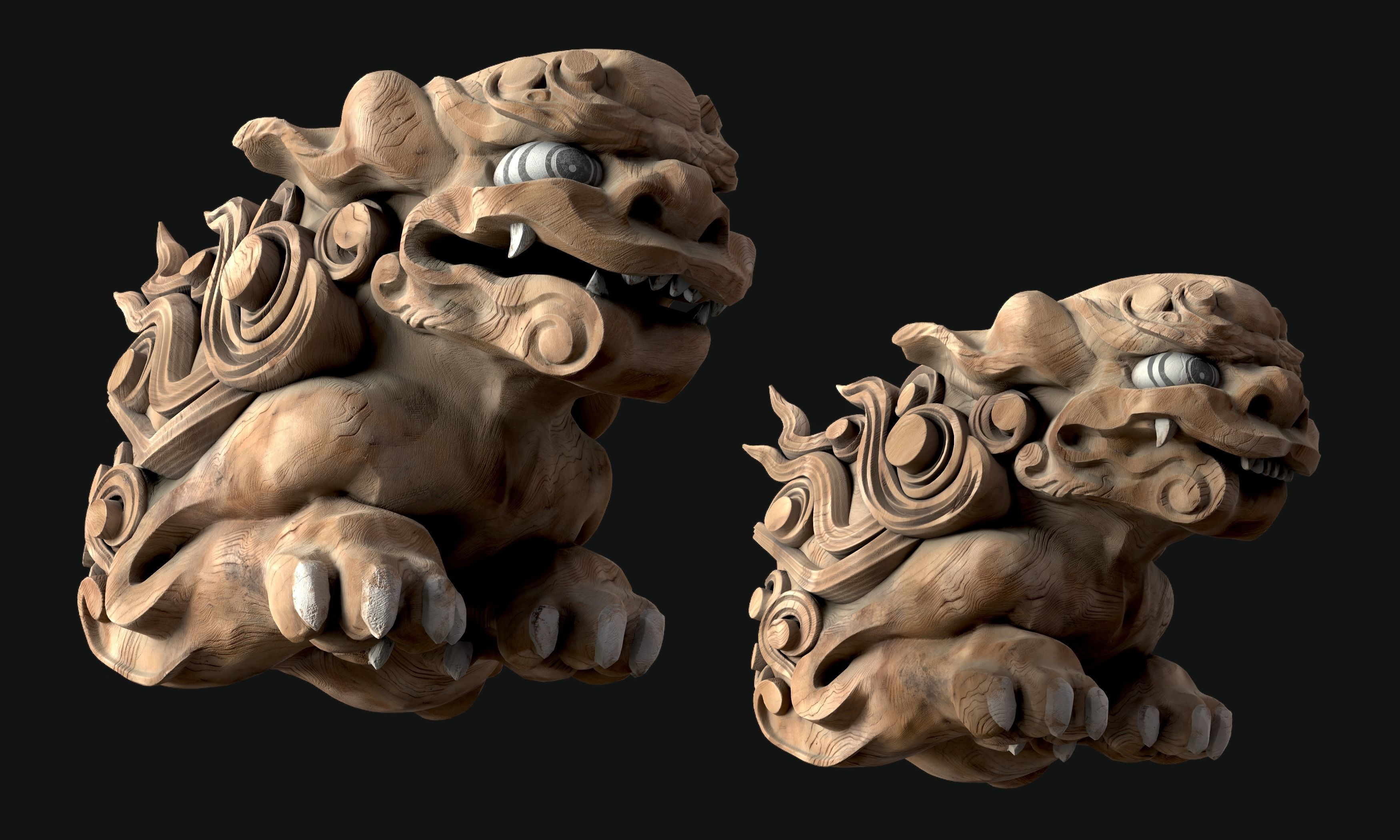8K Wooden Komainu lion-dogs for decorations of Shinto Shrine Low-poly 3D model_16