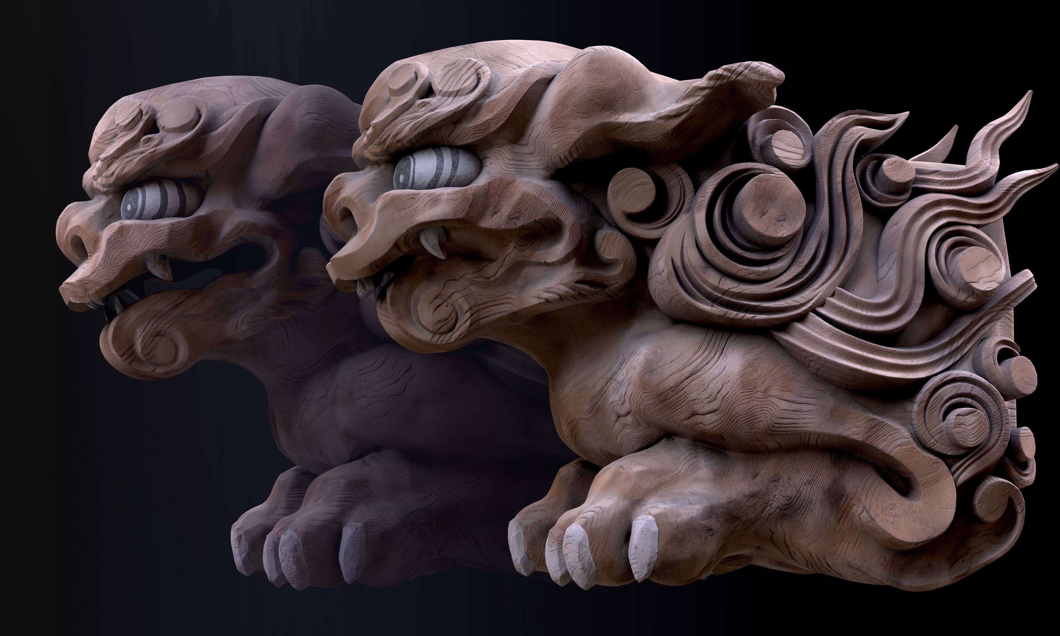 8K Wooden Komainu lion-dogs for decorations of Shinto Shrine Low-poly 3D model_1