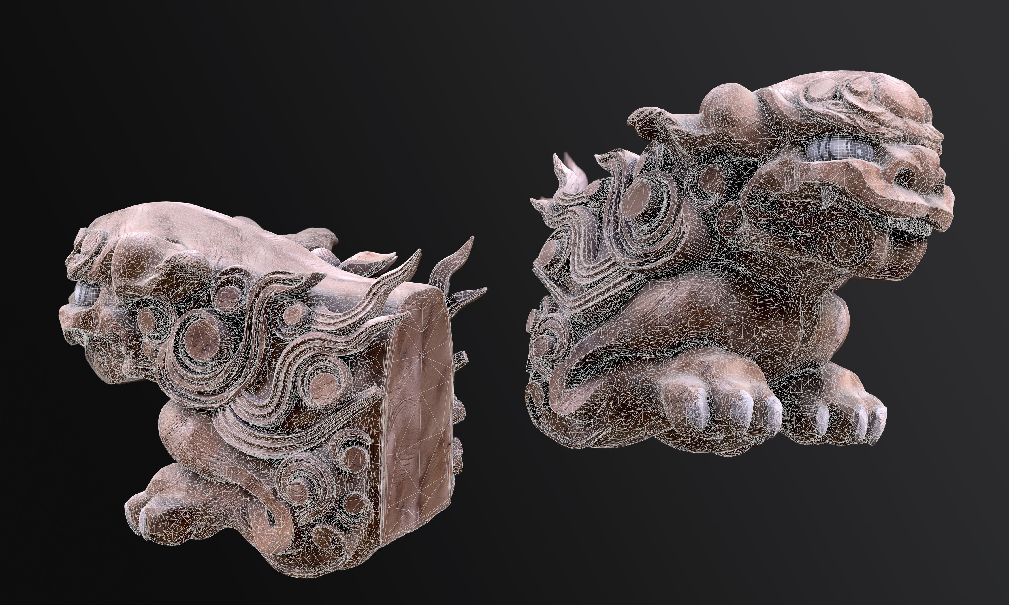 8K Wooden Komainu lion-dogs for decorations of Shinto Shrine Low-poly 3D model_12