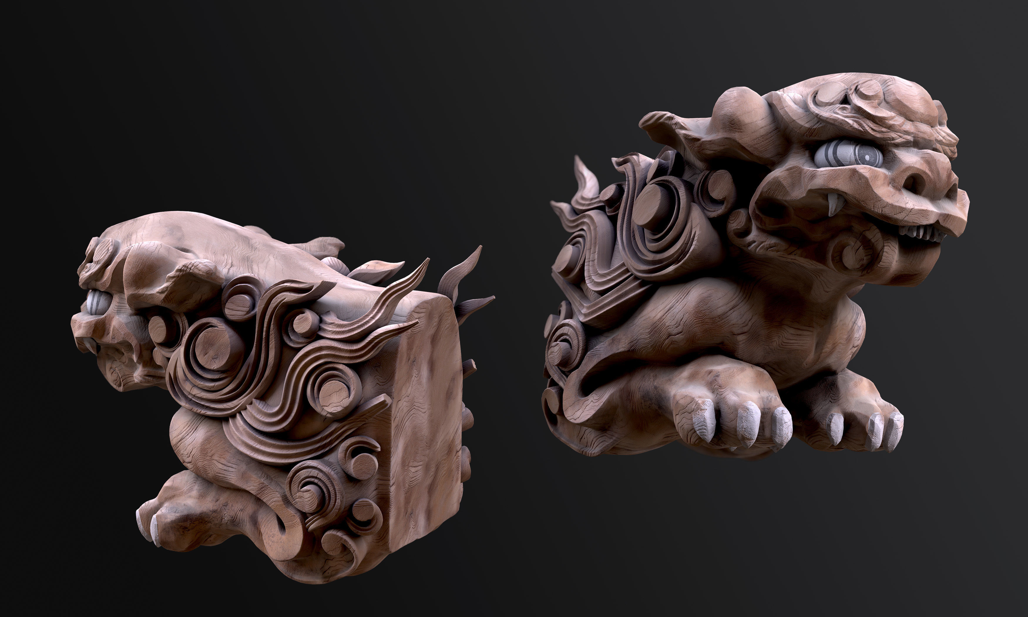 8K Wooden Komainu lion-dogs for decorations of Shinto Shrine Low-poly 3D model_11