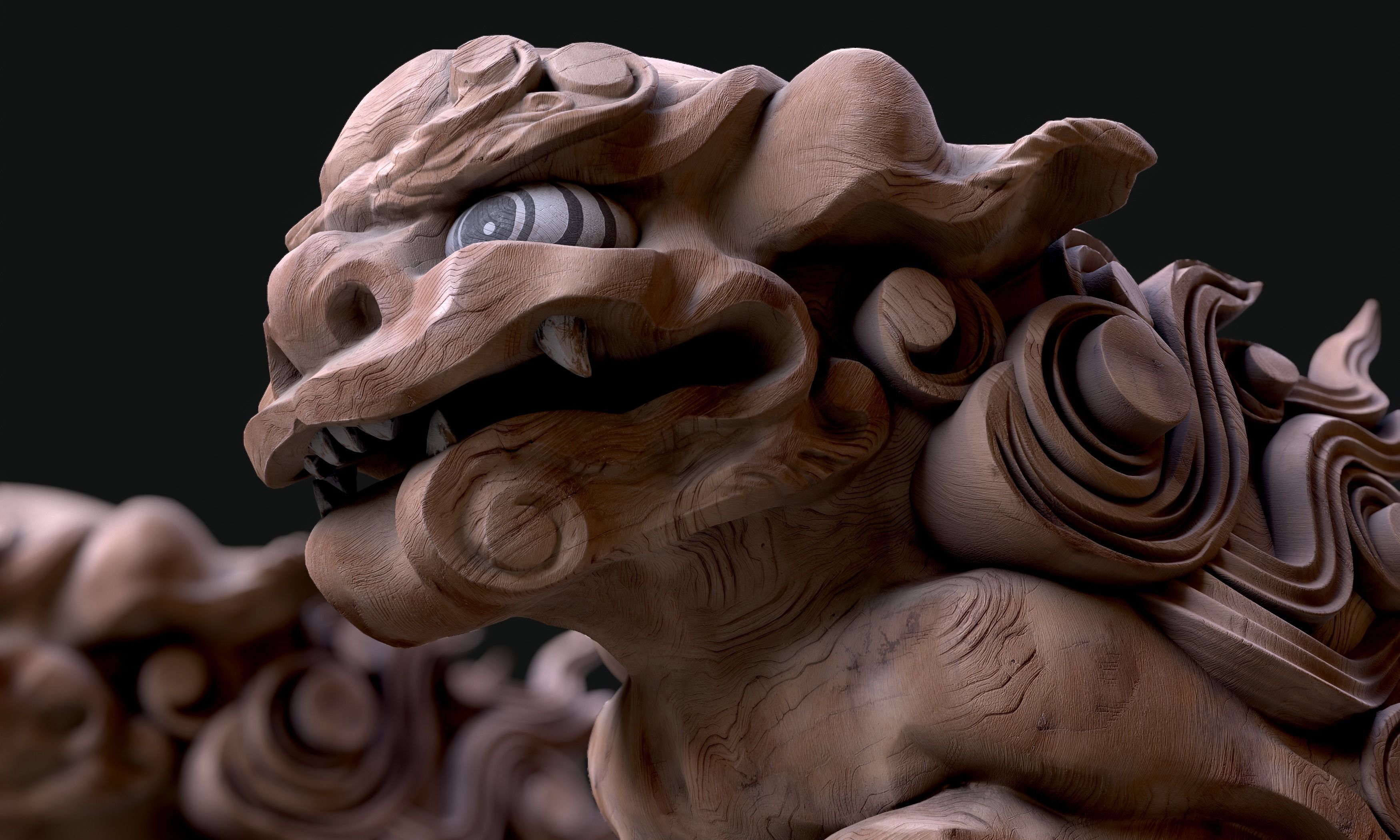 8K Wooden Komainu lion-dogs for decorations of Shinto Shrine Low-poly 3D model_4
