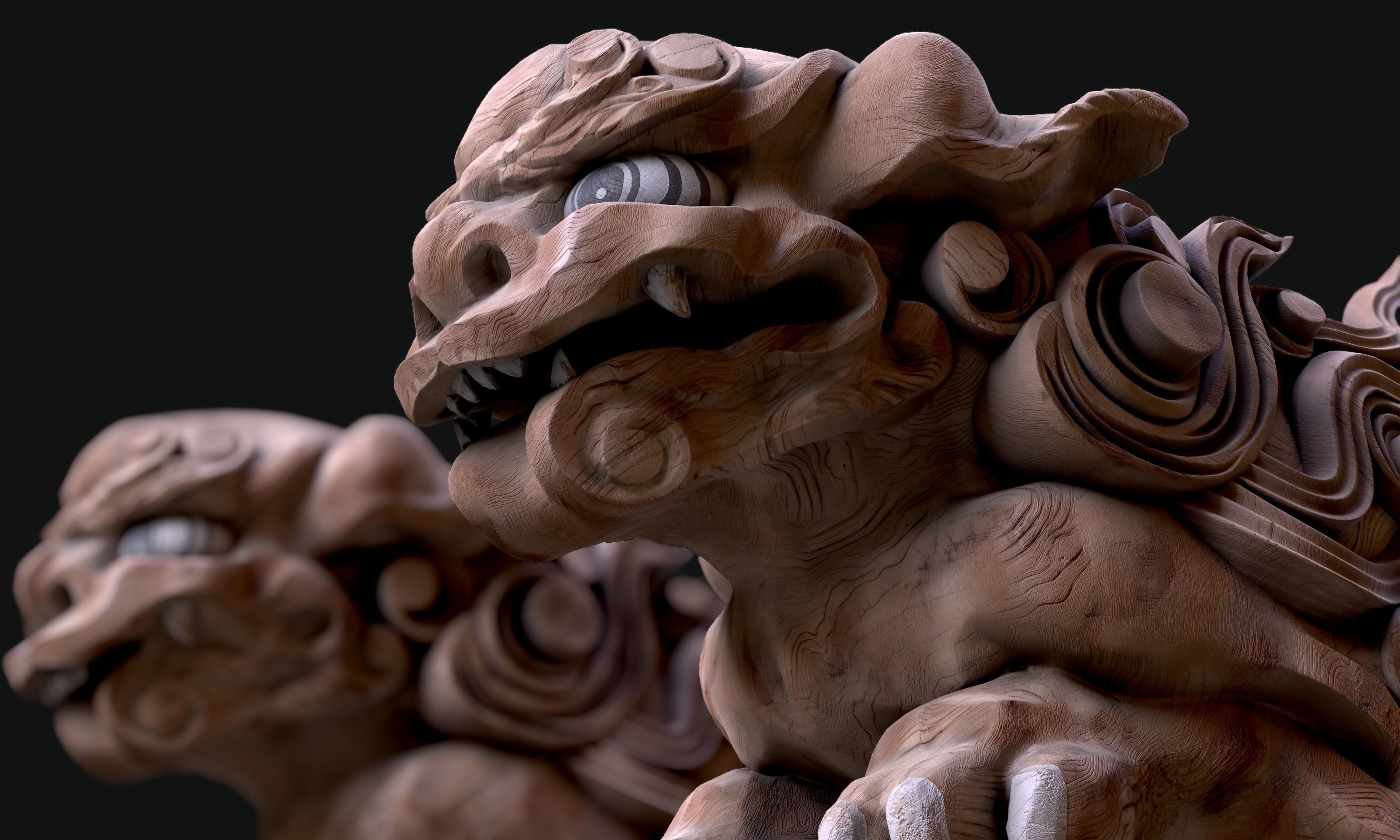 8K Wooden Komainu lion-dogs for decorations of Shinto Shrine Low-poly 3D model_2
