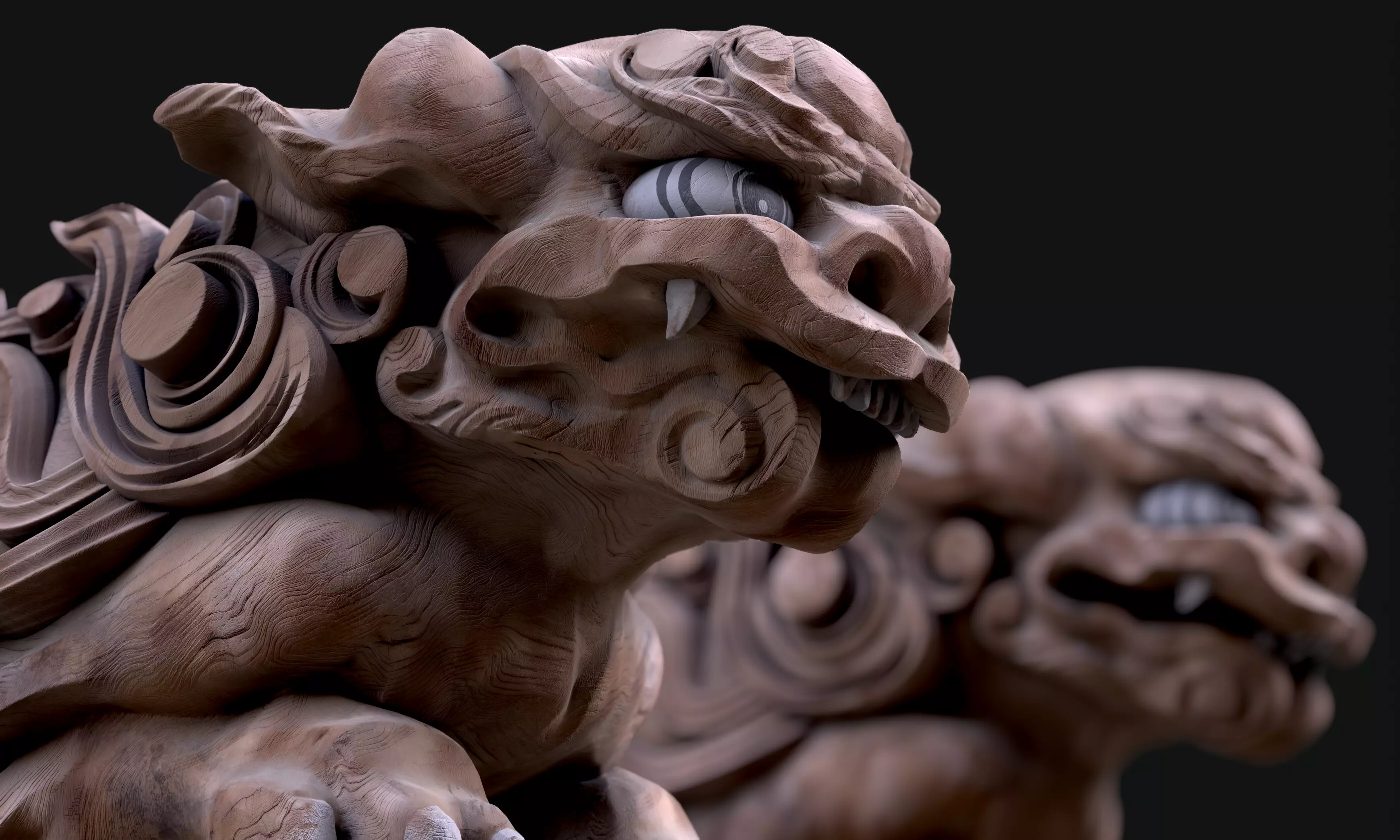 8K Wooden Komainu lion-dogs for decorations of Shinto Shrine Low-poly 3D model_0