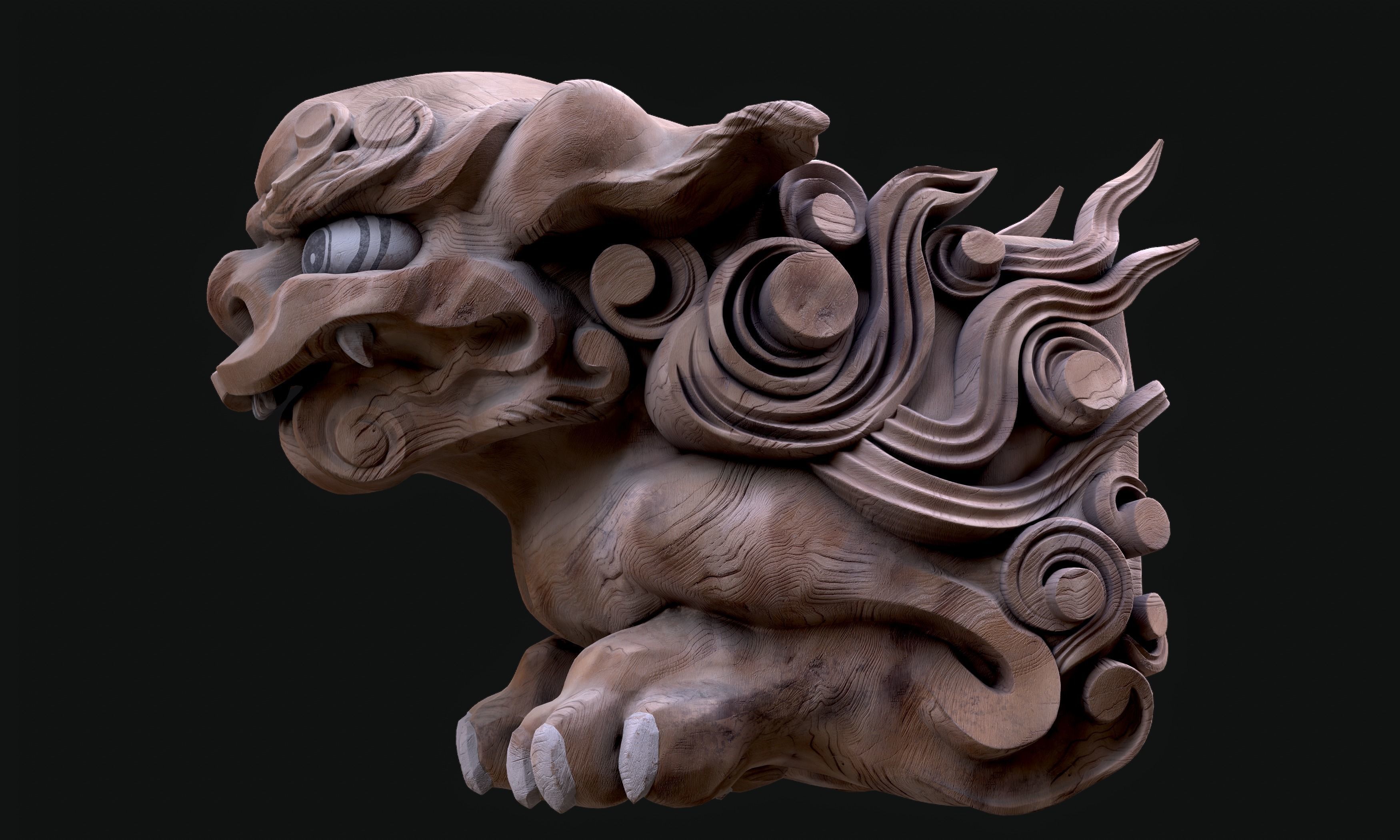 8K Wooden Komainu lion-dogs for decorations of Shinto Shrine Low-poly 3D model_22